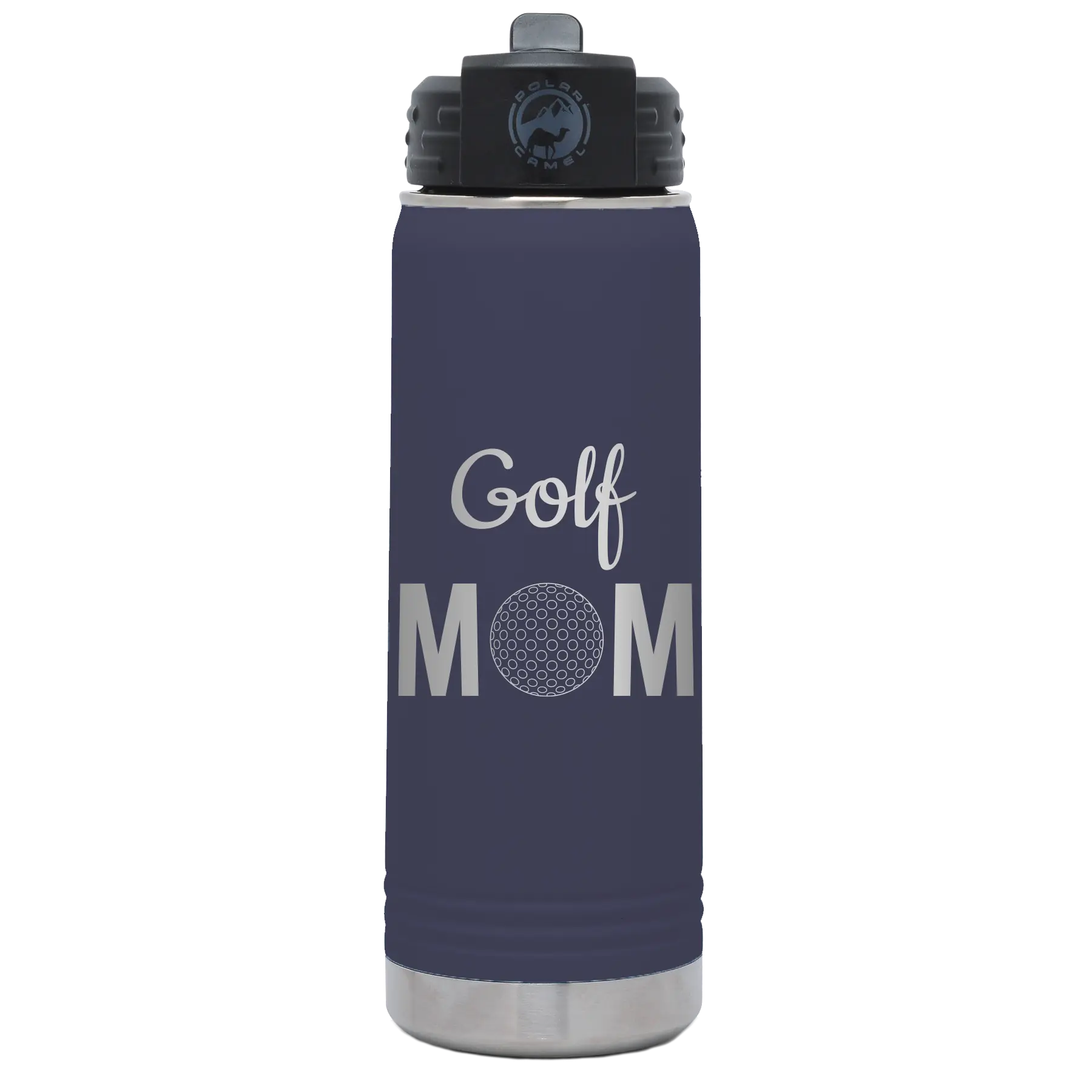 Laser etched navy 20 oz vacuum insulated water bottle with 'Mom Golf2' design