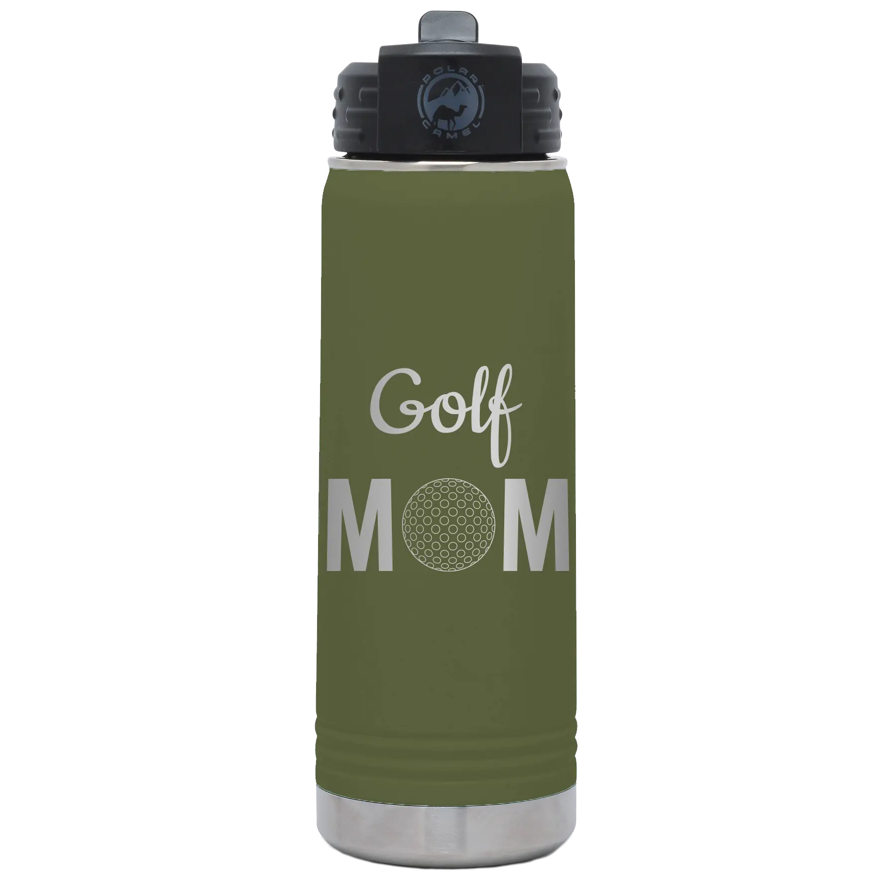 Laser etched olive green 20 oz vacuum insulated water bottle with 'Mom Golf2' design