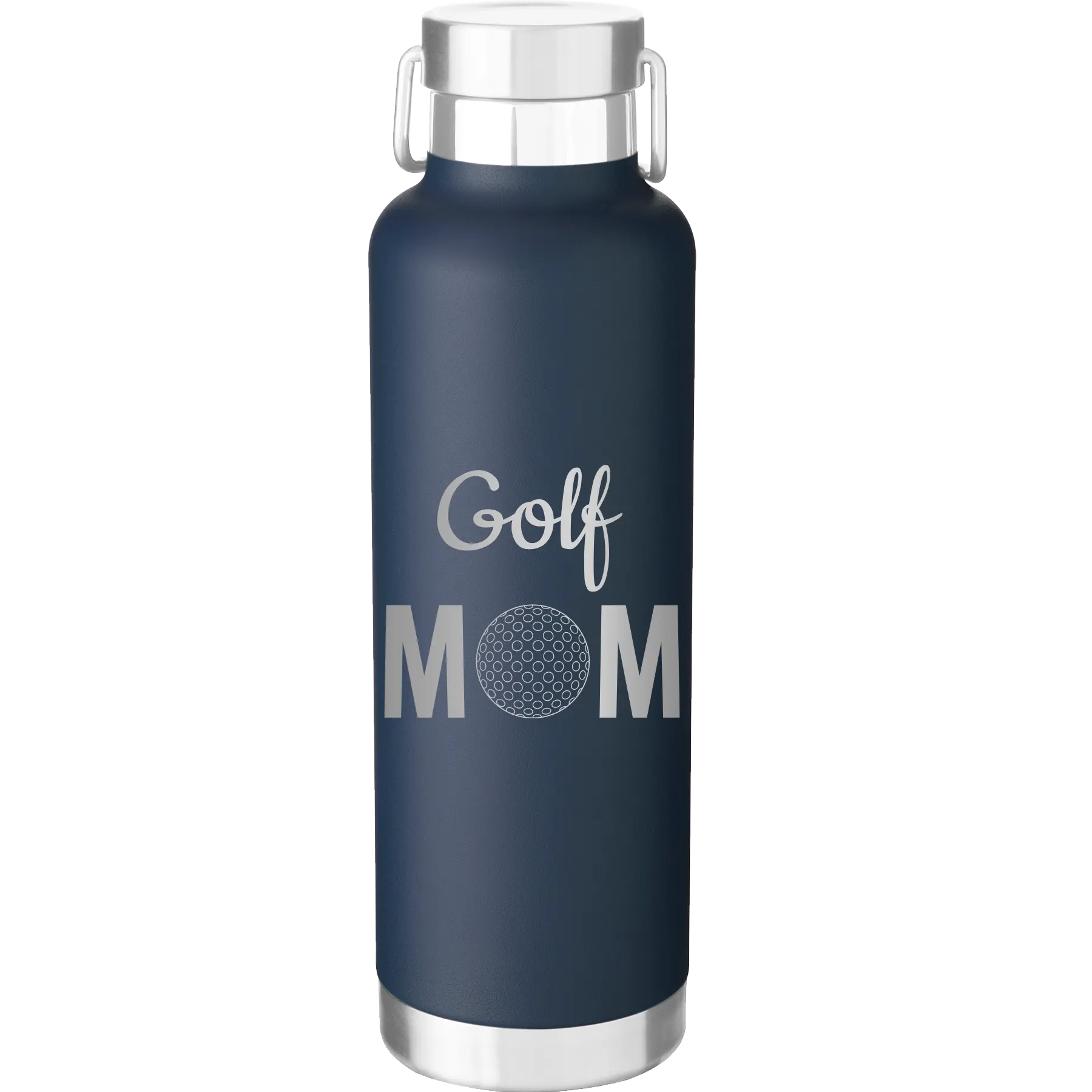 Laser etched navy 24 oz vacuum insulated water bottle with 'Mom Golf2' design