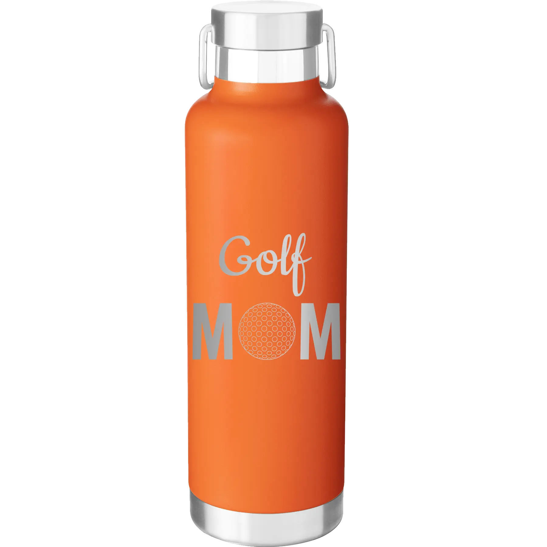 Laser etched orange 24 oz vacuum insulated water bottle with 'Mom Golf2' design