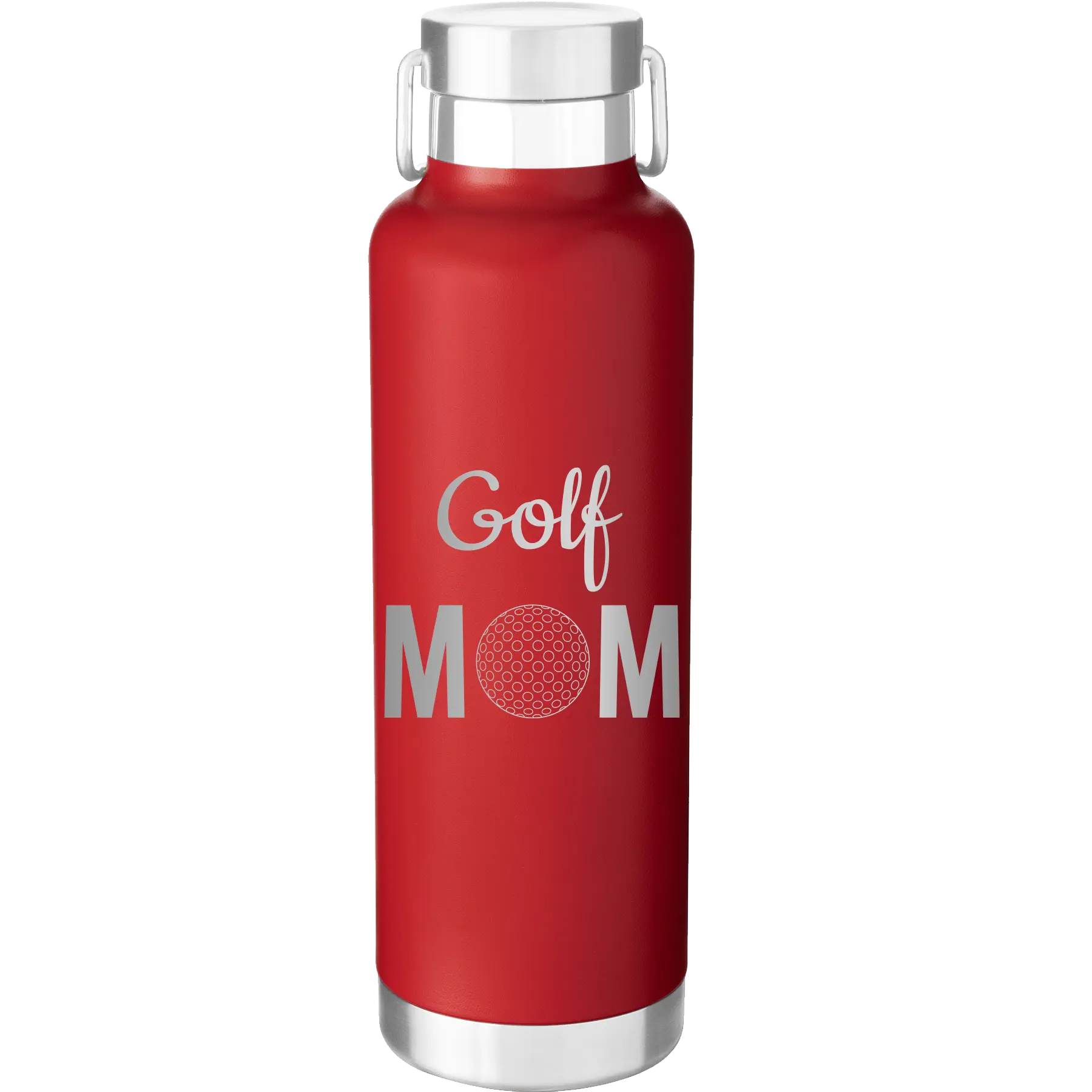 Laser etched red 24 oz vacuum insulated water bottle with 'Mom Golf2' design