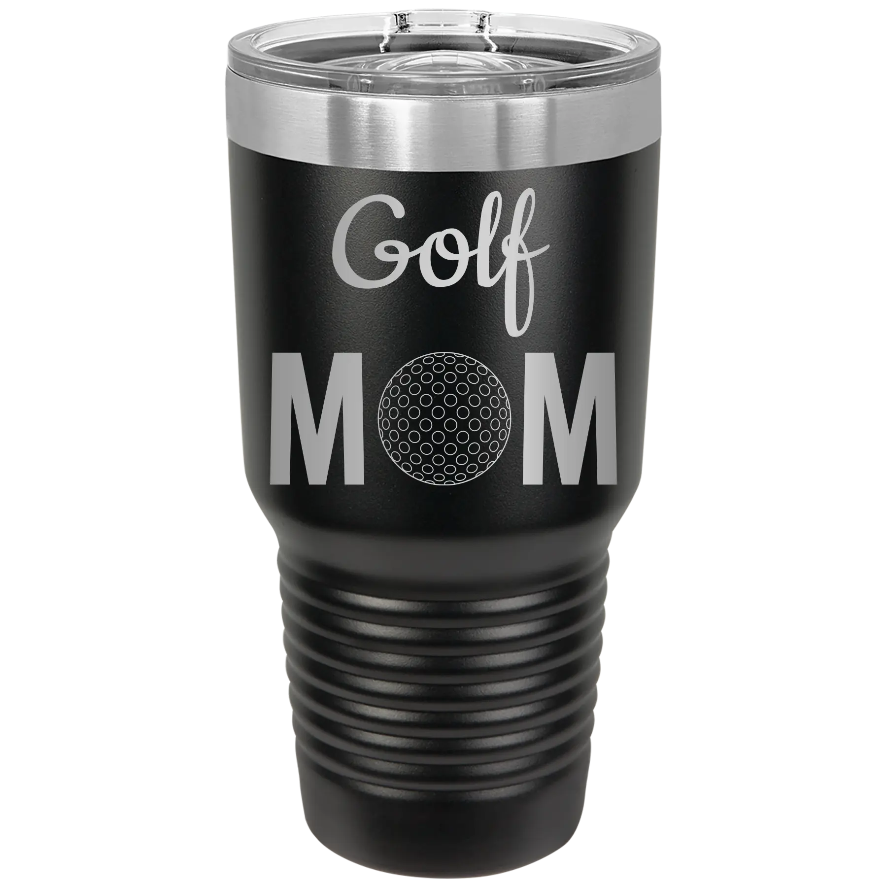 Laser etched black 30 oz vacuum insulated tumbler with 'Mom Golf2' design