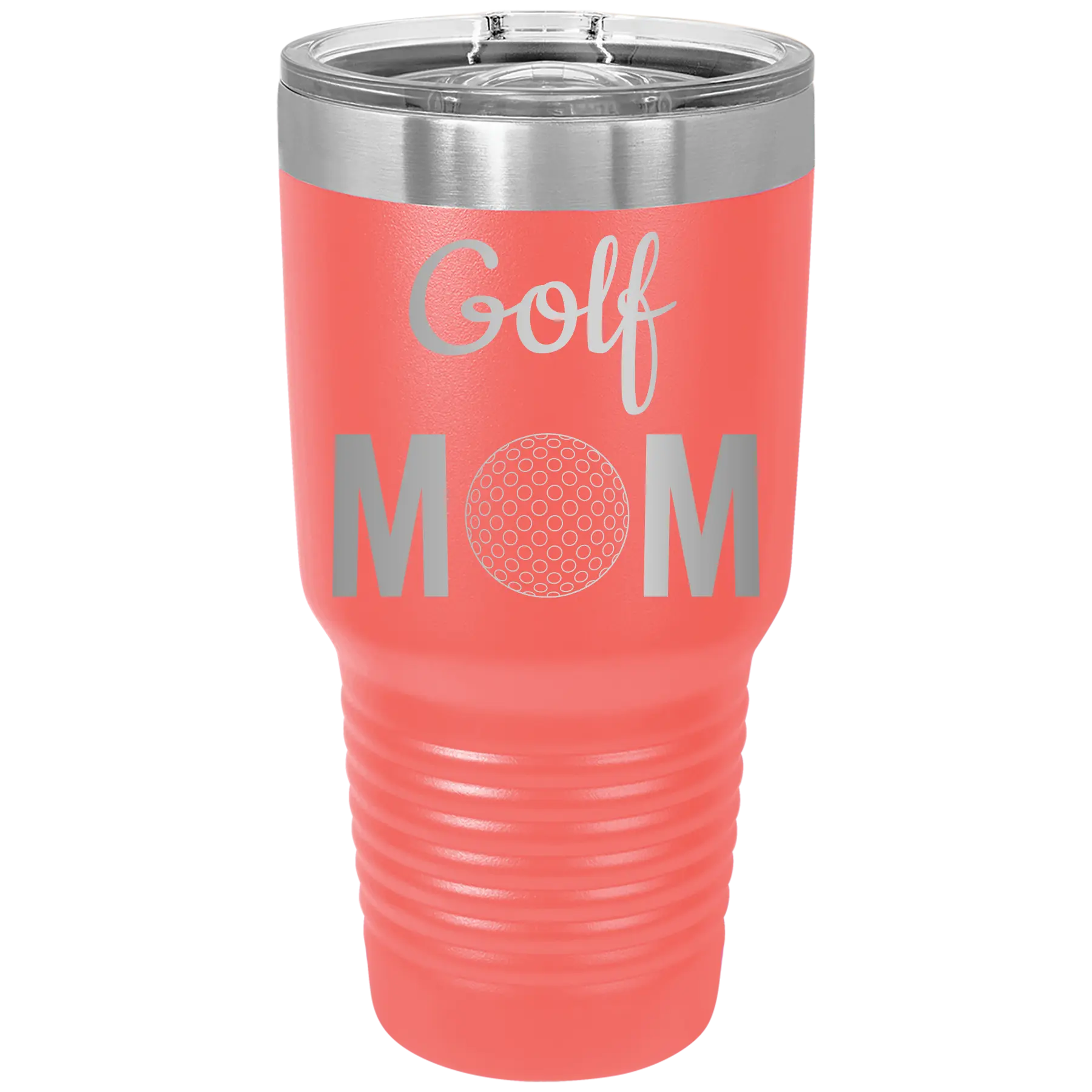 Laser etched coral 30 oz vacuum insulated tumbler with 'Mom Golf2' design