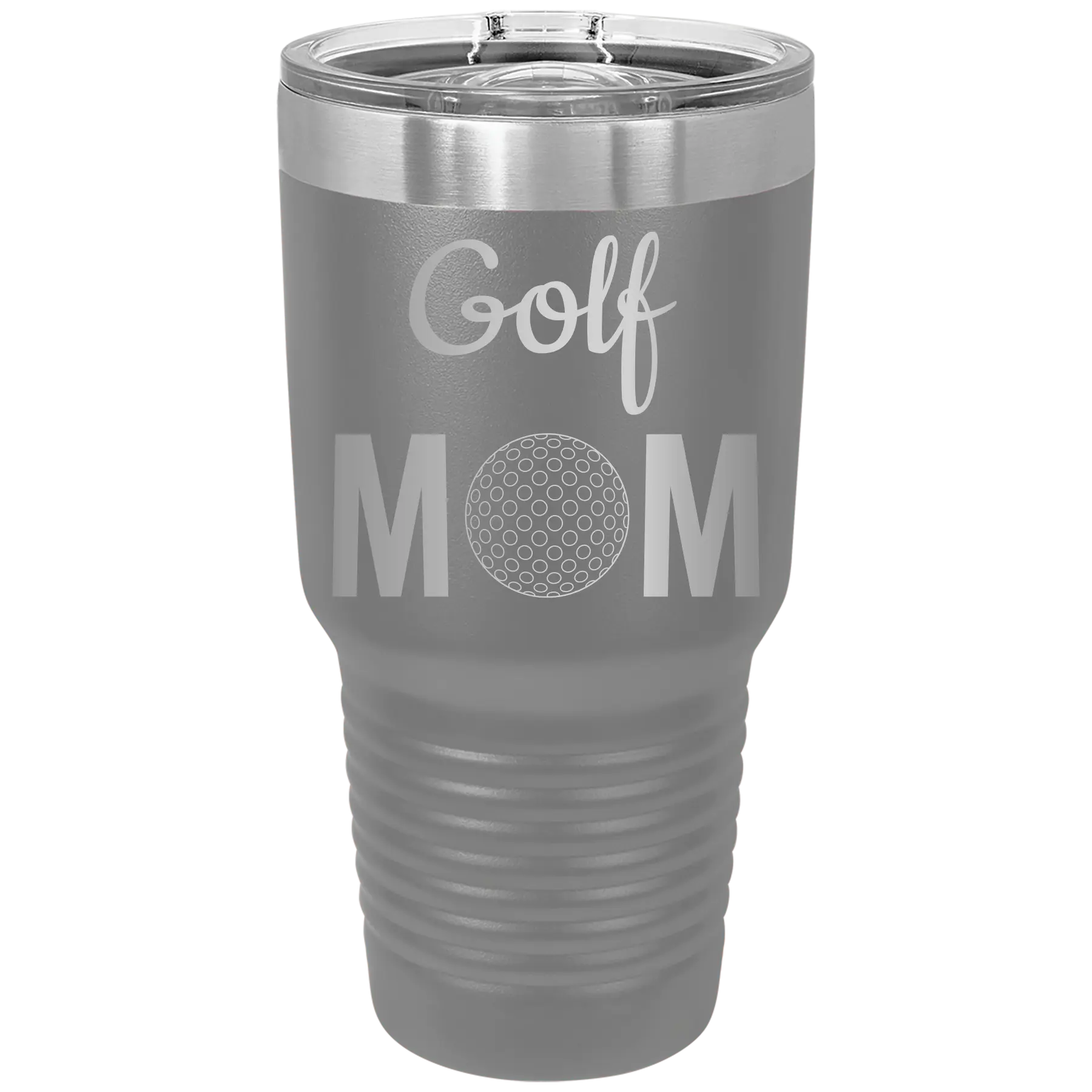 Laser etched dark gray 30 oz vacuum insulated tumbler with 'Mom Golf2' design
