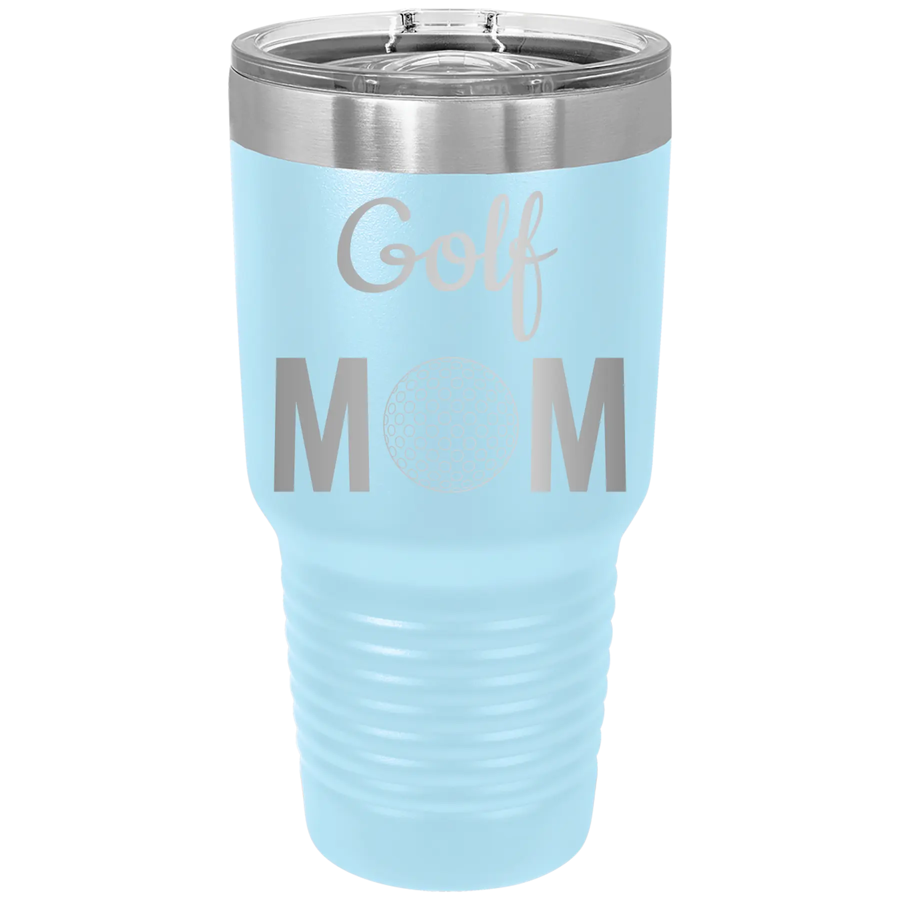 Laser etched light blue 30 oz vacuum insulated tumbler with 'Mom Golf2' design