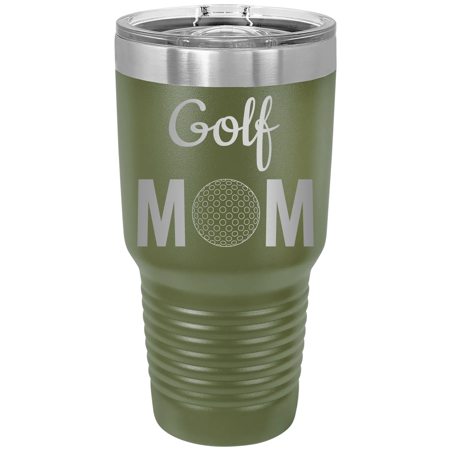 Laser etched olive green 30 oz vacuum insulated tumbler with 'Mom Golf2' design