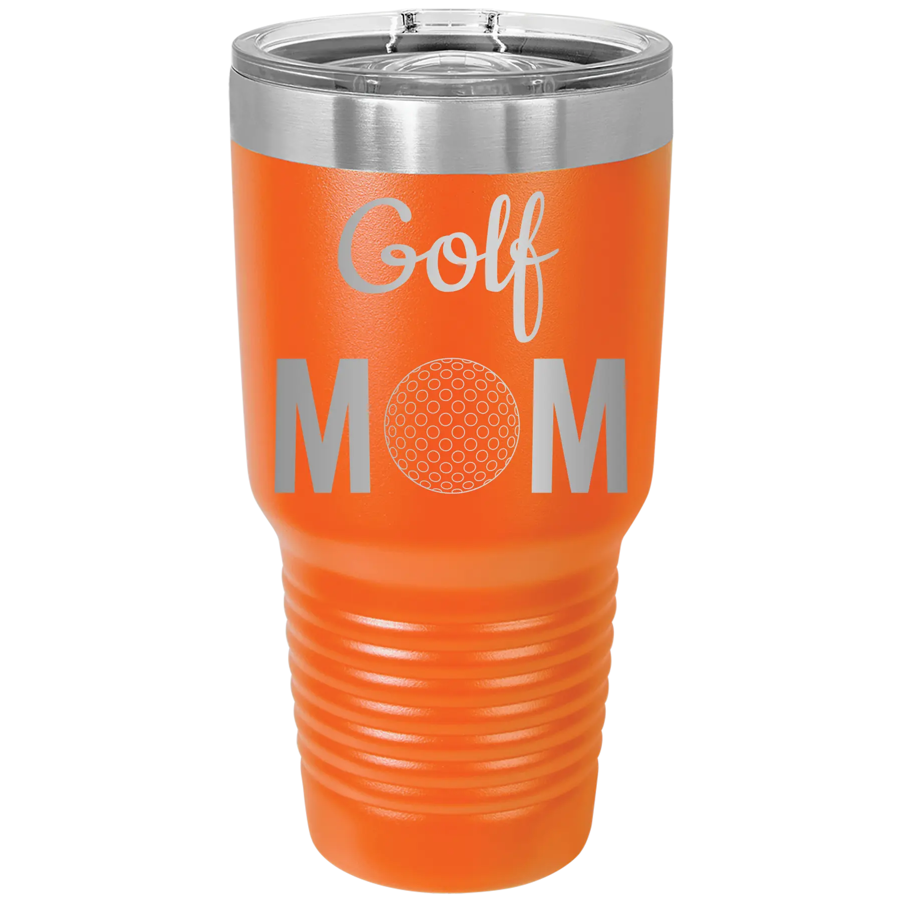 Laser etched orange 30 oz vacuum insulated tumbler with 'Mom Golf2' design