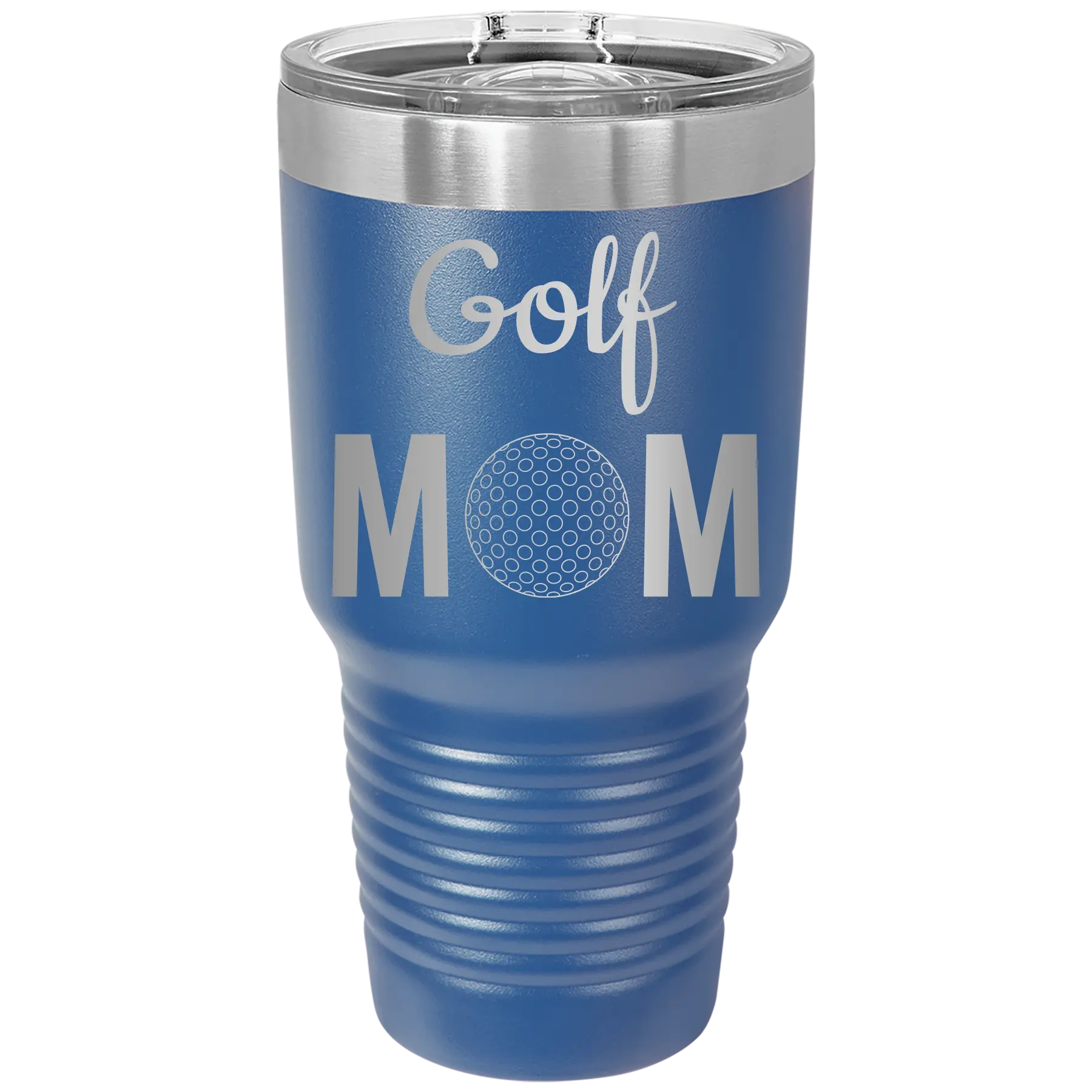 Laser etched royal blue 30 oz vacuum insulated tumbler with 'Mom Golf2' design