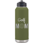 Laser etched olive green 32 oz vacuum insulated water bottle with 'Mom Golf2' design