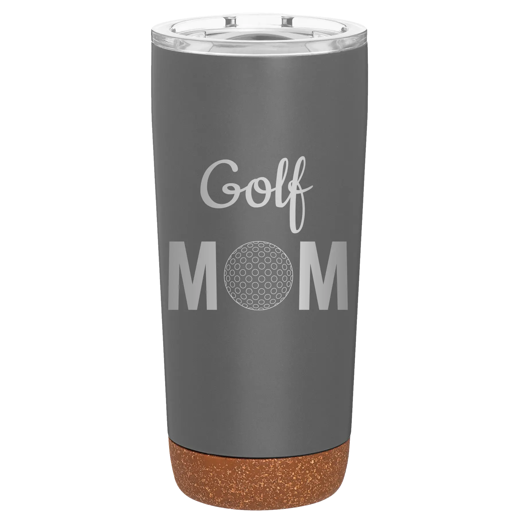 Laser etched storm gray 20 oz vacuum insulated tumbler with 'Mom Golf2' design