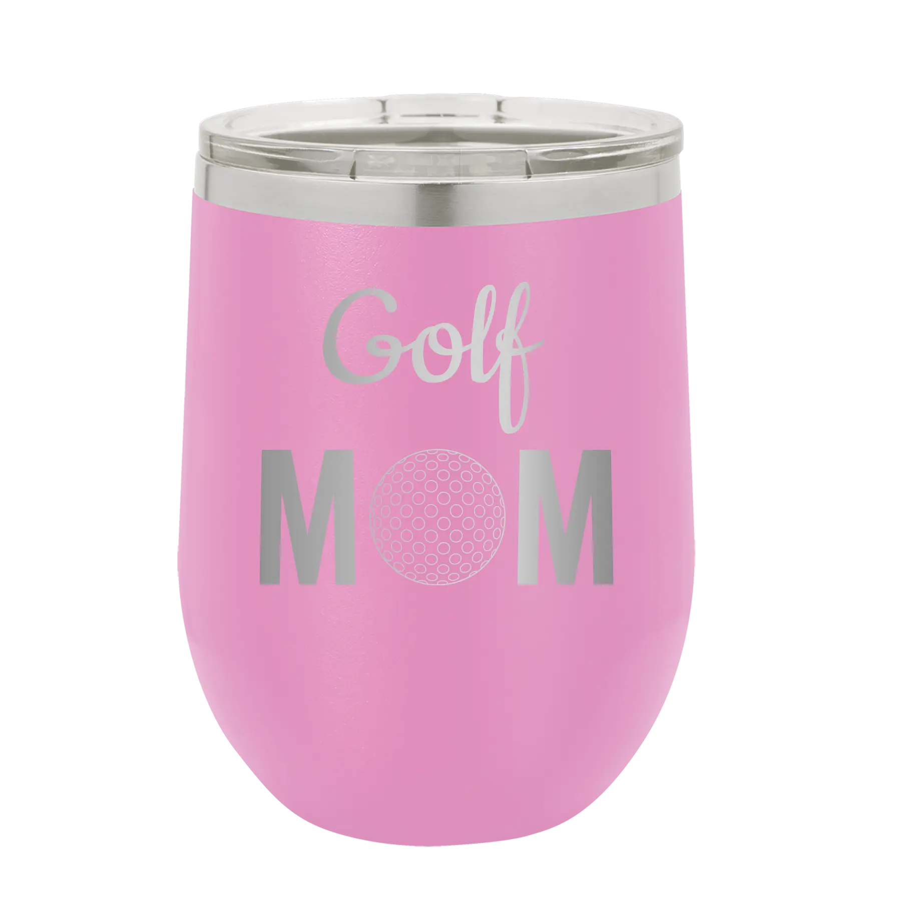 Laser etched light purple 12 oz vacuum insulated wine cup with 'Mom Golf2' design