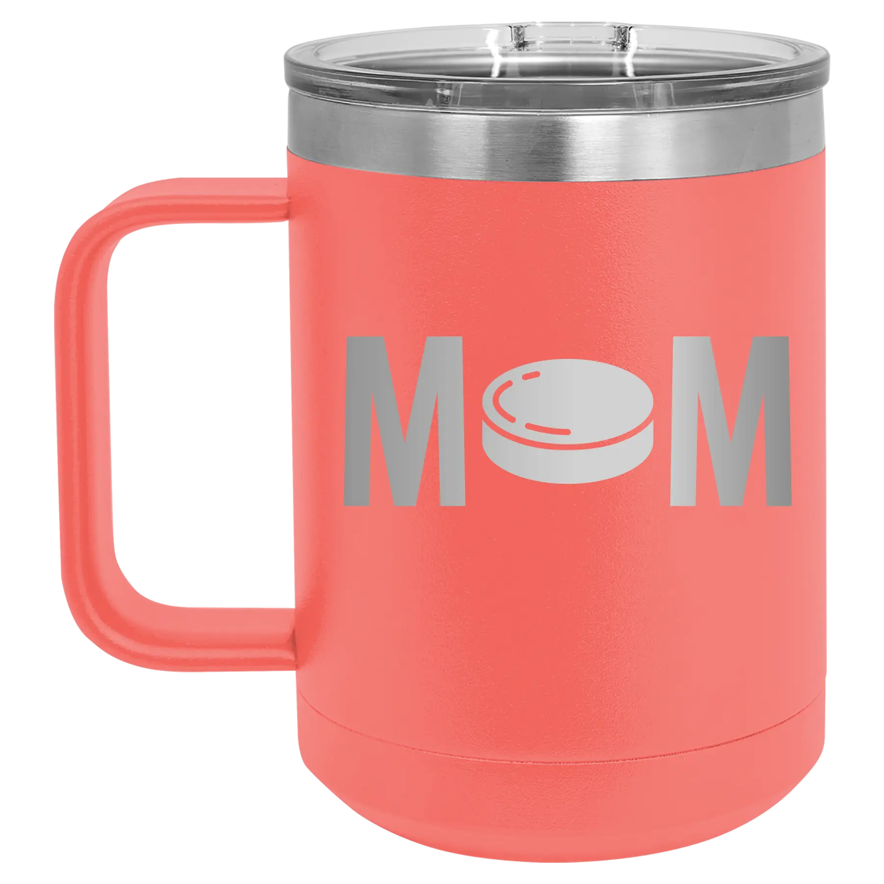 Laser etched coral 15 oz vacuum insulated coffee mug with 'Mom Hockey' design