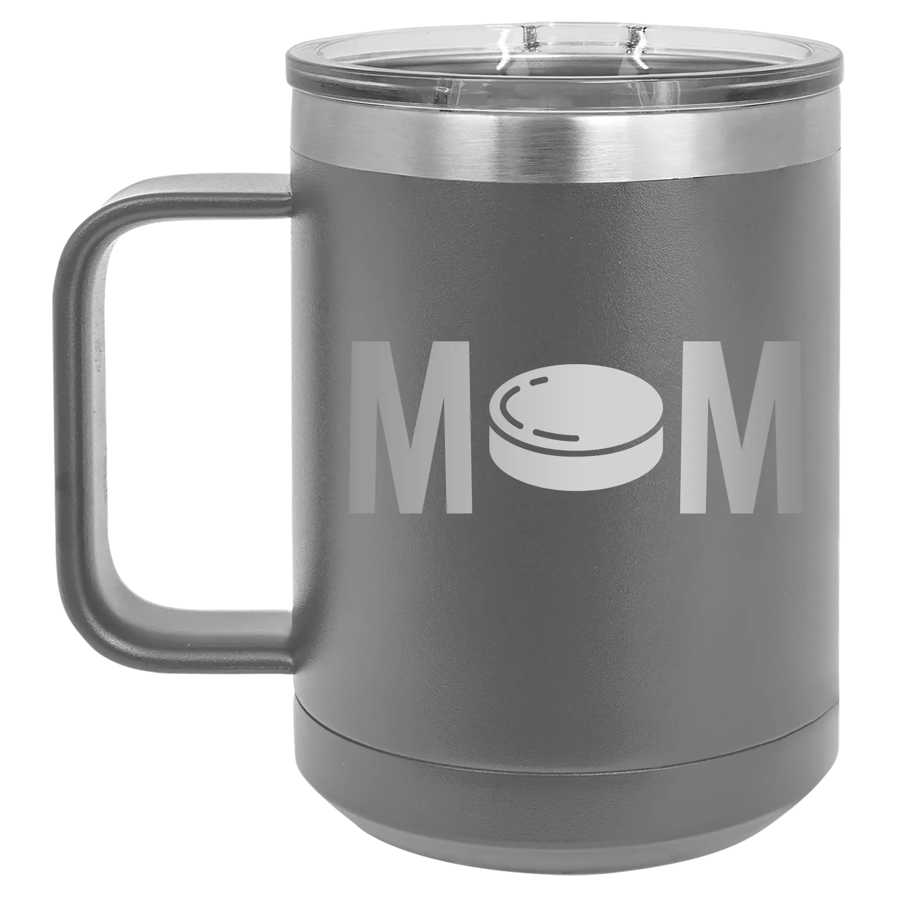 Laser etched dark gray 15 oz vacuum insulated coffee mug with 'Mom Hockey' design