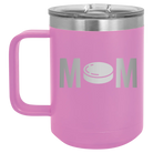 Laser etched light purple 15 oz vacuum insulated coffee mug with 'Mom Hockey' design