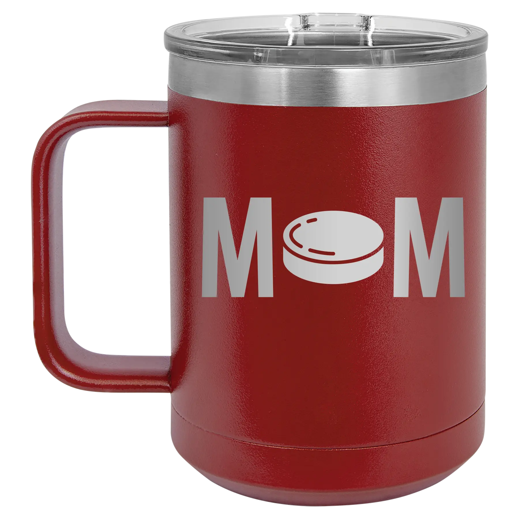 Laser etched maroon 15 oz vacuum insulated coffee mug with 'Mom Hockey' design