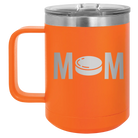 Laser etched orange 15 oz vacuum insulated coffee mug with 'Mom Hockey' design