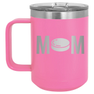 Laser etched pink 15 oz vacuum insulated coffee mug with 'Mom Hockey' design