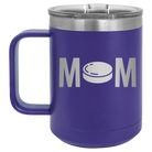 Laser etched purple 15 oz vacuum insulated coffee mug with 'Mom Hockey' design