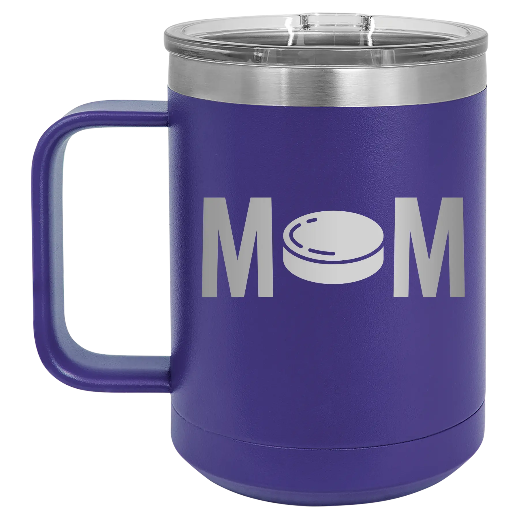 Laser etched purple 15 oz vacuum insulated coffee mug with 'Mom Hockey' design