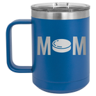 Laser etched royal blue 15 oz vacuum insulated coffee mug with 'Mom Hockey' design