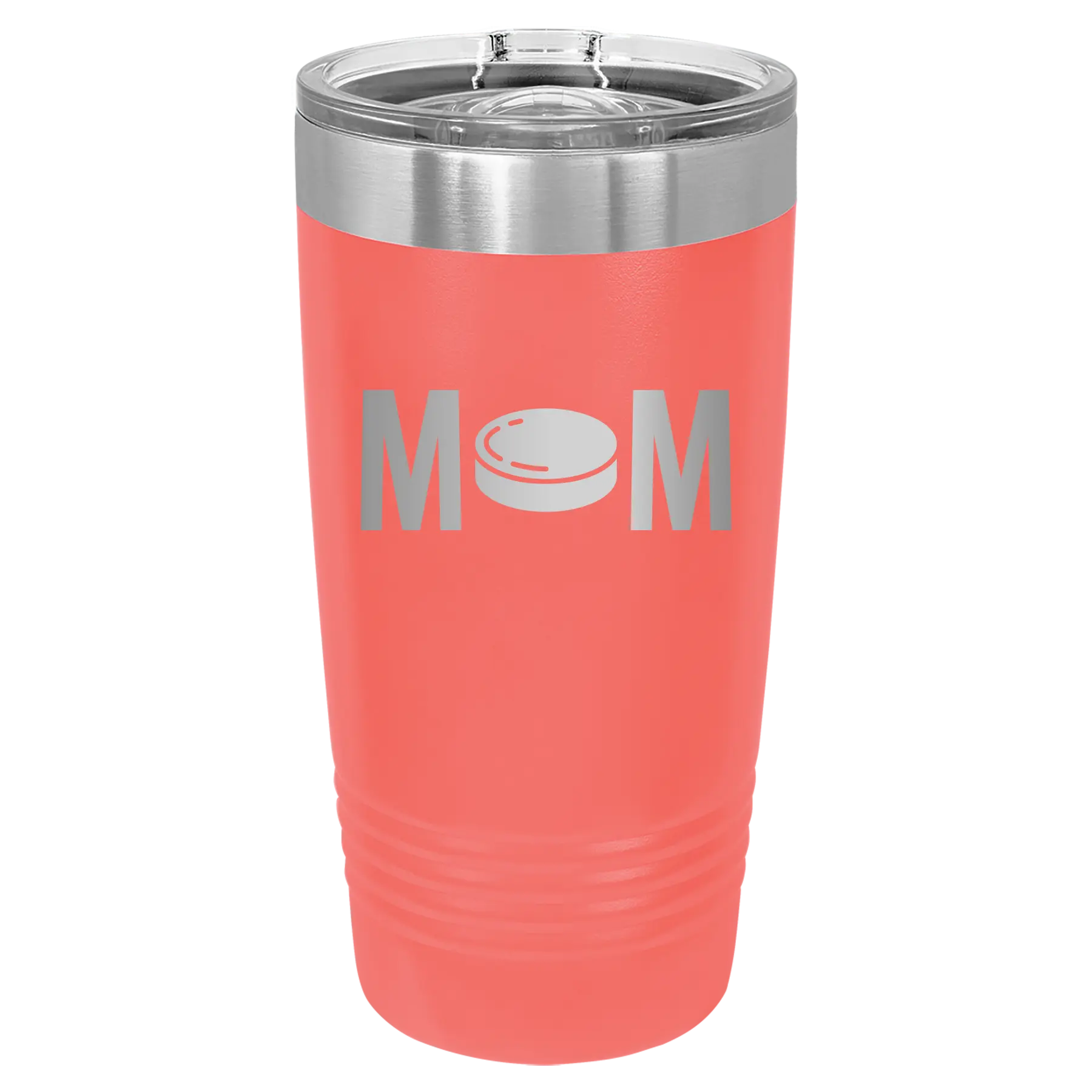 Laser etched coral 20 oz vacuum insulated tumbler with 'Mom Hockey' design