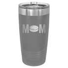 Laser etched dark gray 20 oz vacuum insulated tumbler with 'Mom Hockey' design
