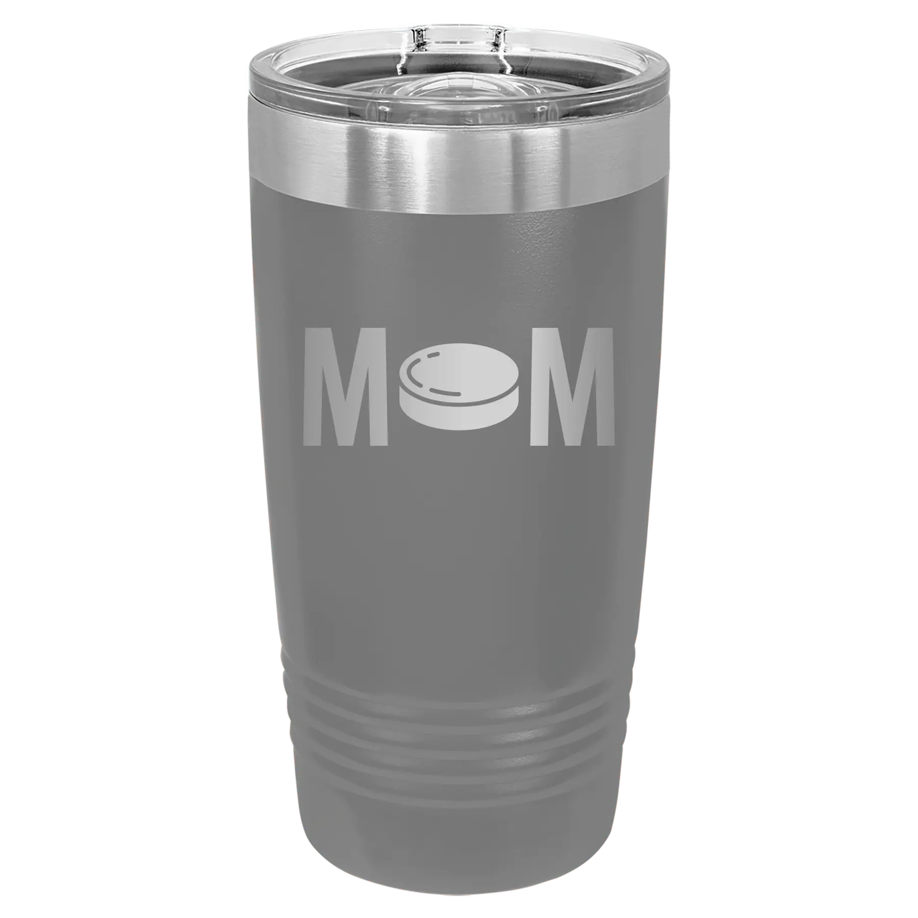 Laser etched dark gray 20 oz vacuum insulated tumbler with 'Mom Hockey' design