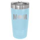 Laser etched light blue 20 oz vacuum insulated tumbler with 'Mom Hockey' design