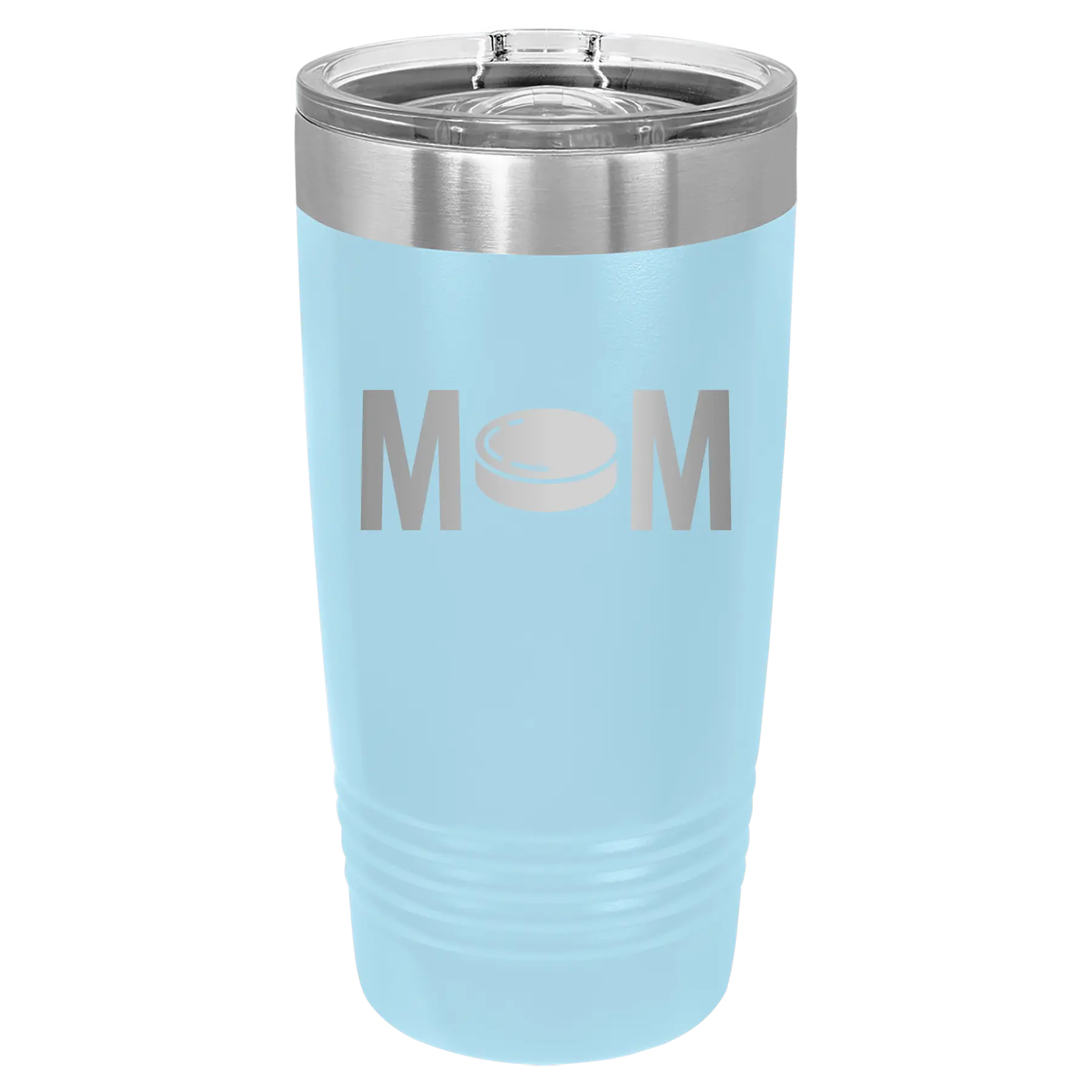 Laser etched light blue 20 oz vacuum insulated tumbler with 'Mom Hockey' design