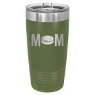 Laser etched olive green 20 oz vacuum insulated tumbler with 'Mom Hockey' design