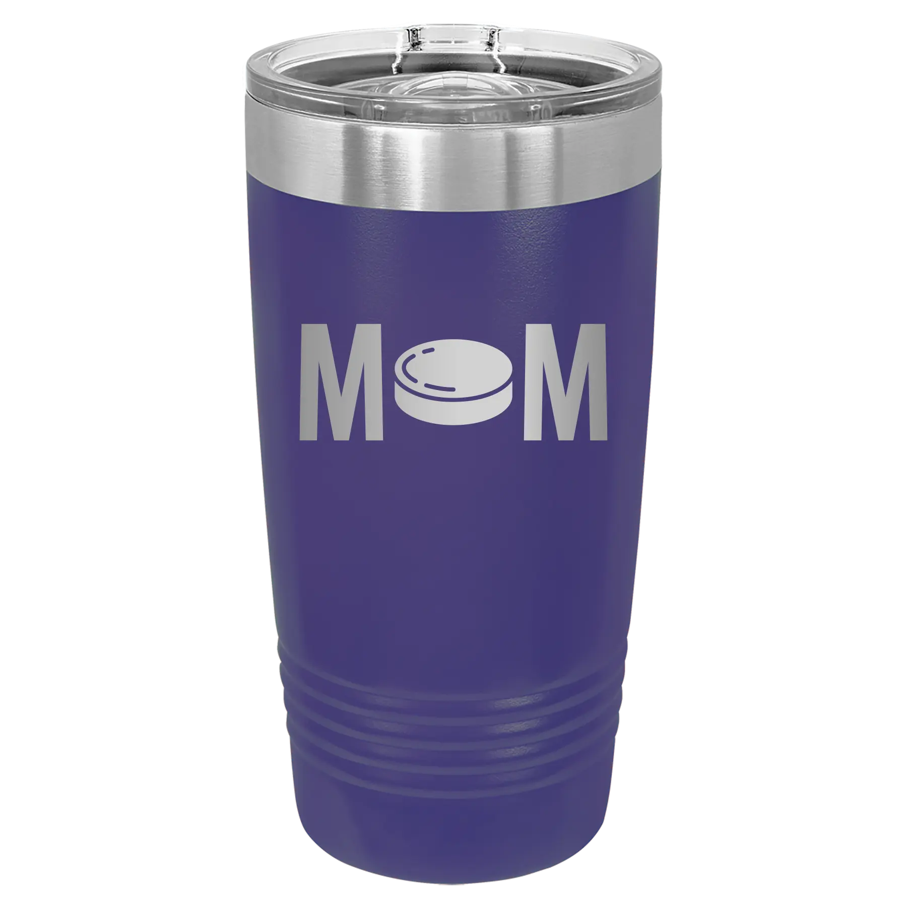 Laser etched purple 20 oz vacuum insulated tumbler with 'Mom Hockey' design