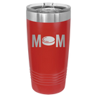 Laser etched red 20 oz vacuum insulated tumbler with 'Mom Hockey' design
