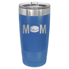 Laser etched royal blue 20 oz vacuum insulated tumbler with 'Mom Hockey' design