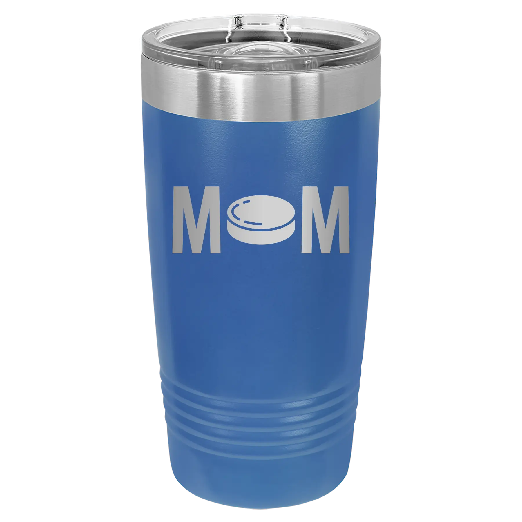 Laser etched royal blue 20 oz vacuum insulated tumbler with 'Mom Hockey' design