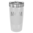 Laser etched white 20 oz vacuum insulated tumbler with 'Mom Hockey' design