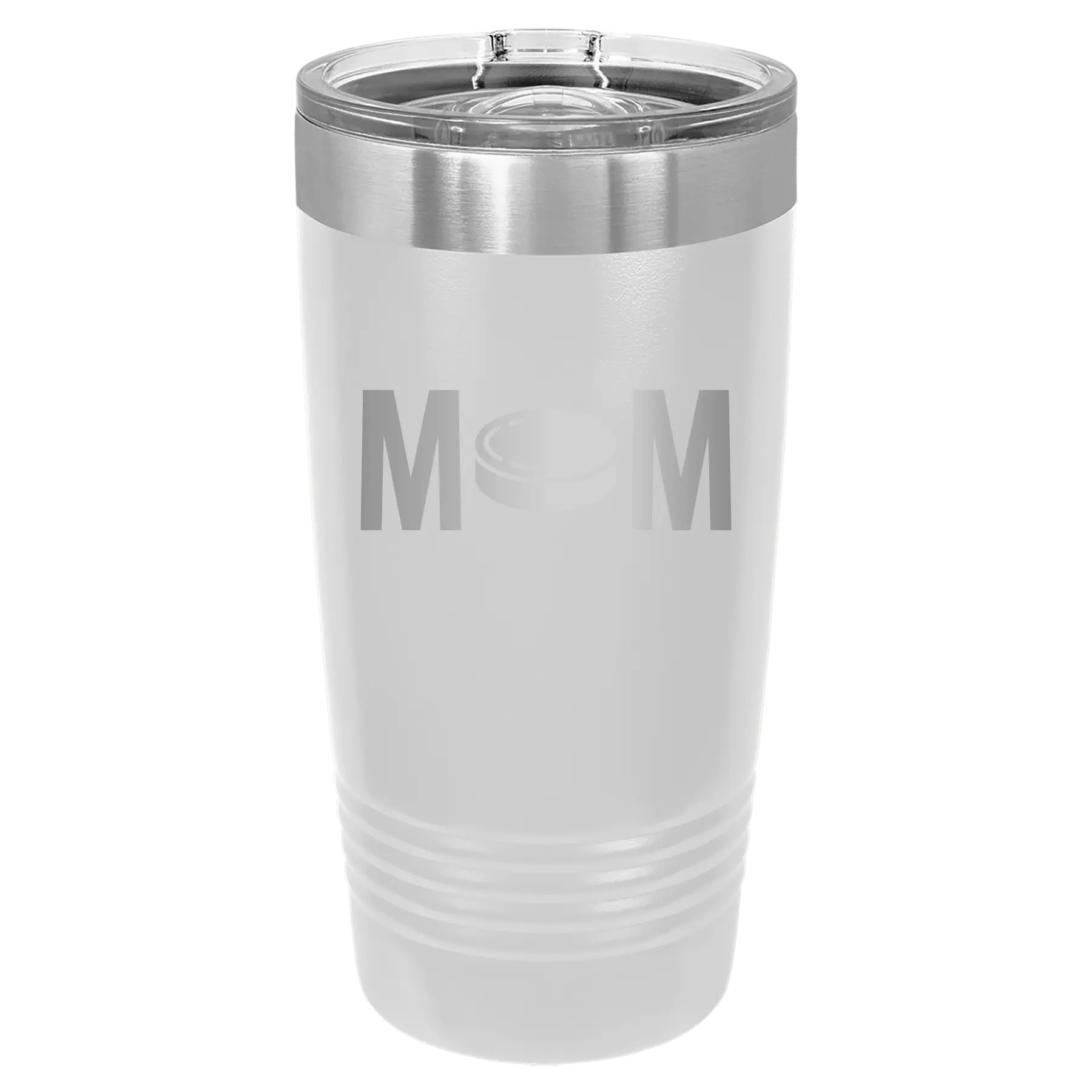 Laser etched white 20 oz vacuum insulated tumbler with 'Mom Hockey' design