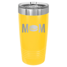 Laser etched yellow 20 oz vacuum insulated tumbler with 'Mom Hockey' design