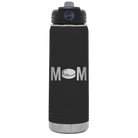 Laser etched black 20 oz vacuum insulated water bottle with 'Mom Hockey' design