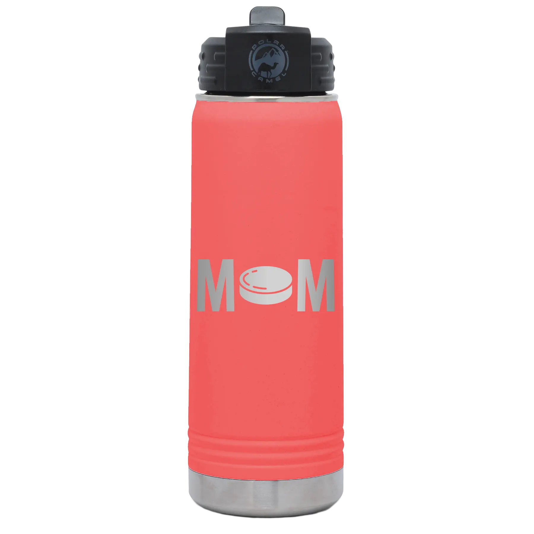 Laser etched coral 20 oz vacuum insulated water bottle with 'Mom Hockey' design