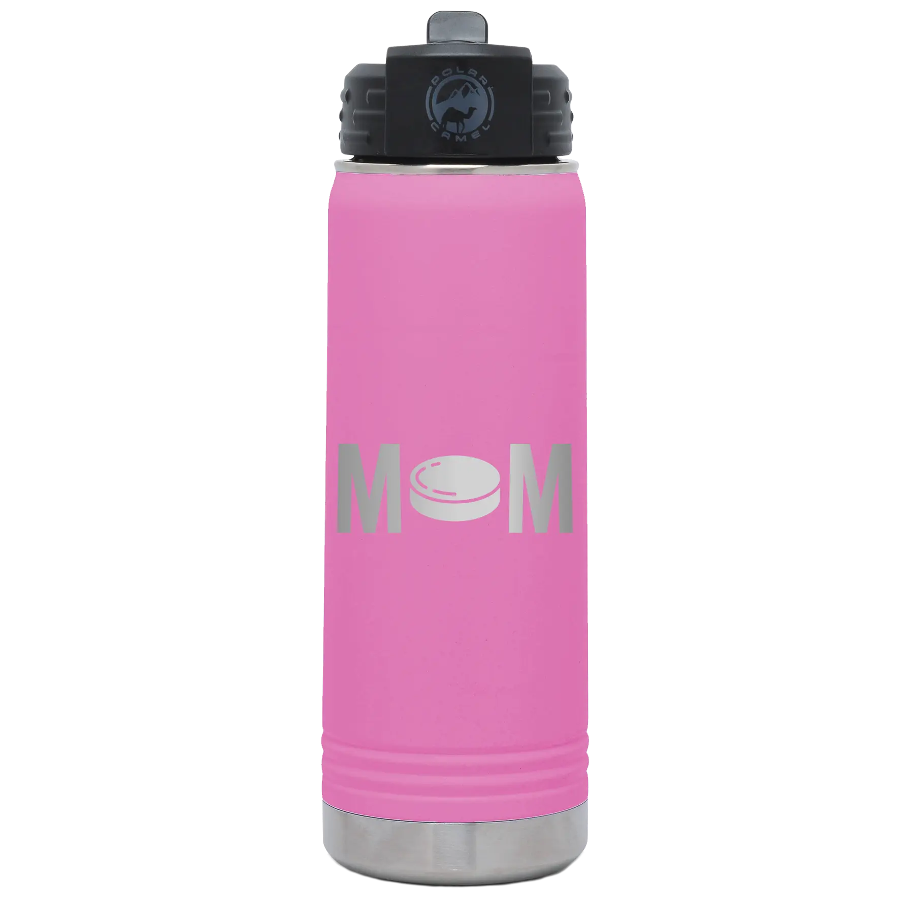 Laser etched light purple 20 oz vacuum insulated water bottle with 'Mom Hockey' design