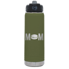 Laser etched olive green 20 oz vacuum insulated water bottle with 'Mom Hockey' design