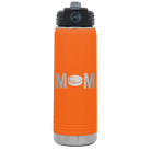 Laser etched orange 20 oz vacuum insulated water bottle with 'Mom Hockey' design