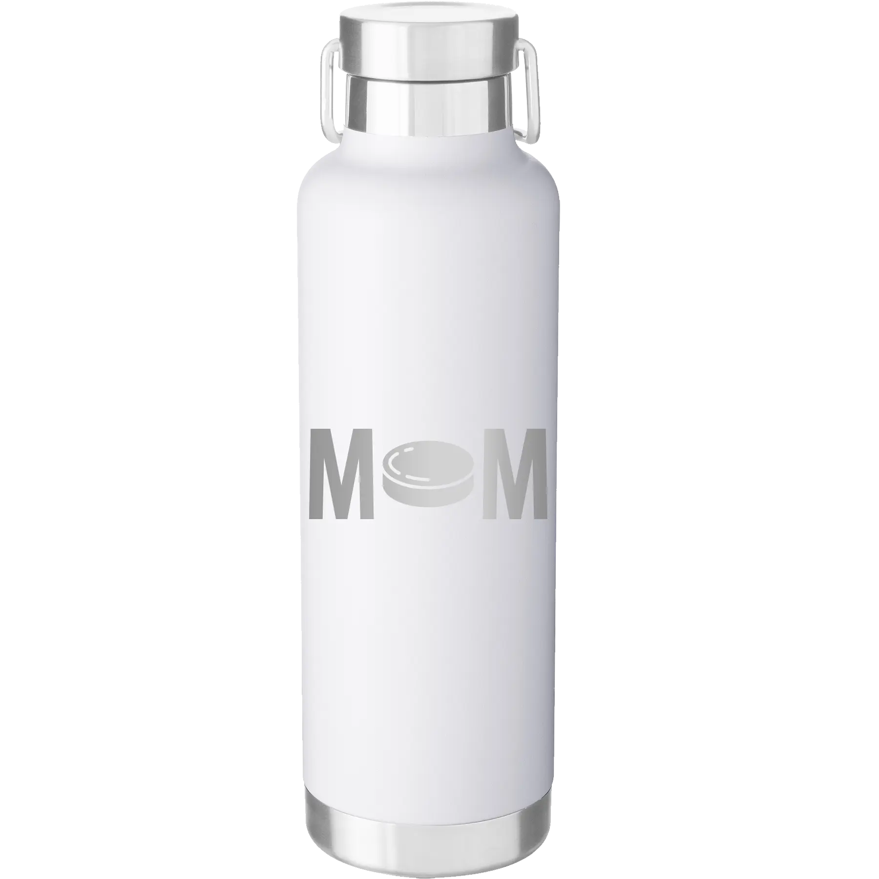 Laser etched white 24 oz vacuum insulated water bottle with 'Mom Hockey' design
