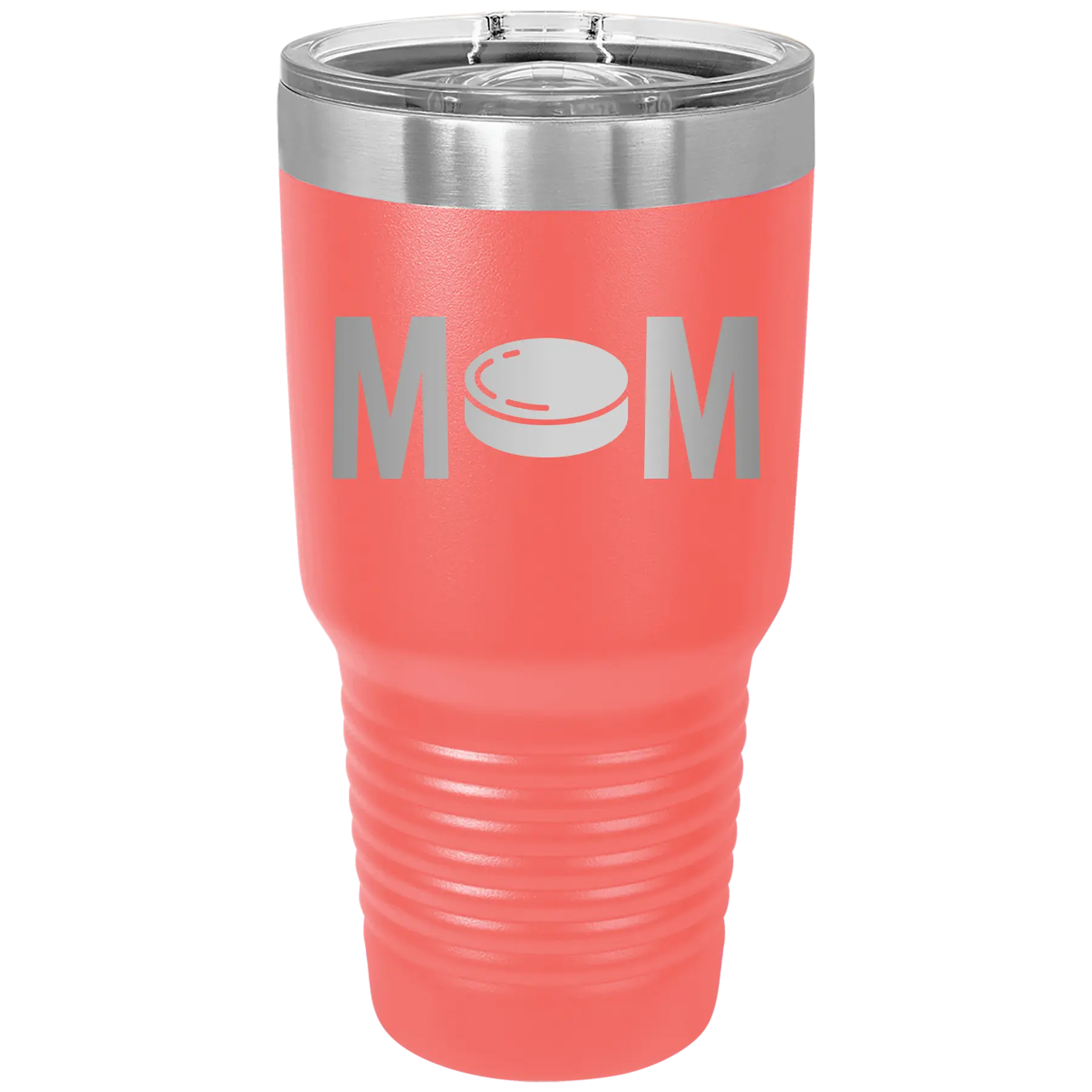 Laser etched coral 30 oz vacuum insulated tumbler with 'Mom Hockey' design