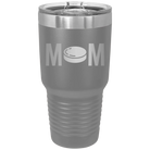 Laser etched dark gray 30 oz vacuum insulated tumbler with 'Mom Hockey' design