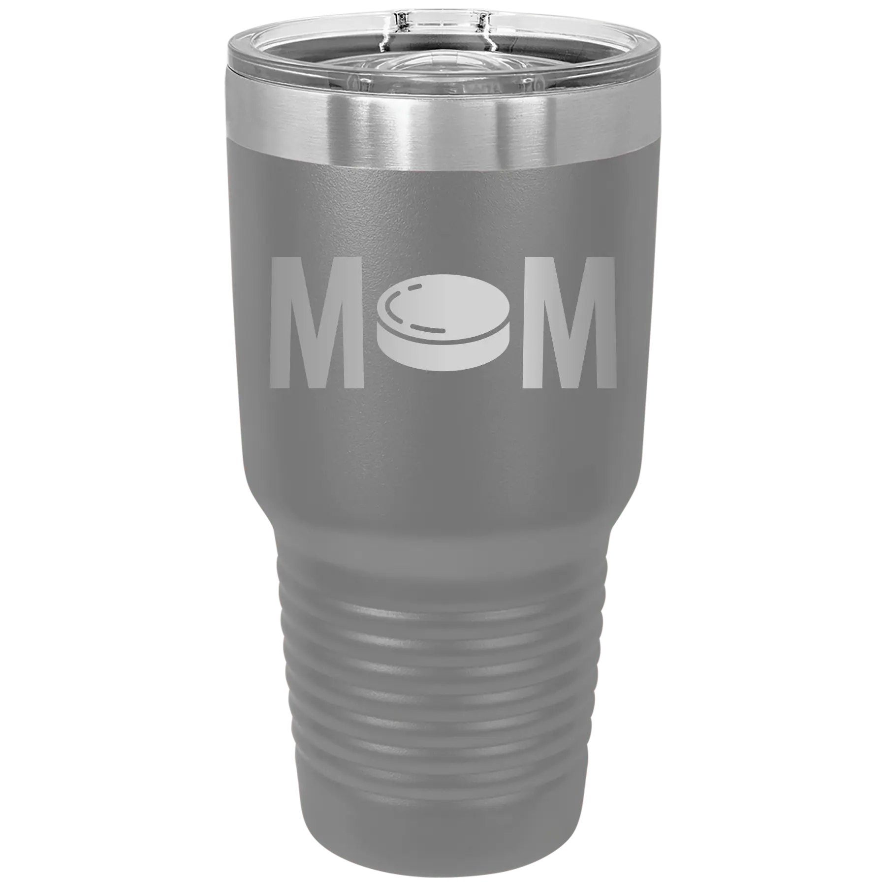 Laser etched dark gray 30 oz vacuum insulated tumbler with 'Mom Hockey' design