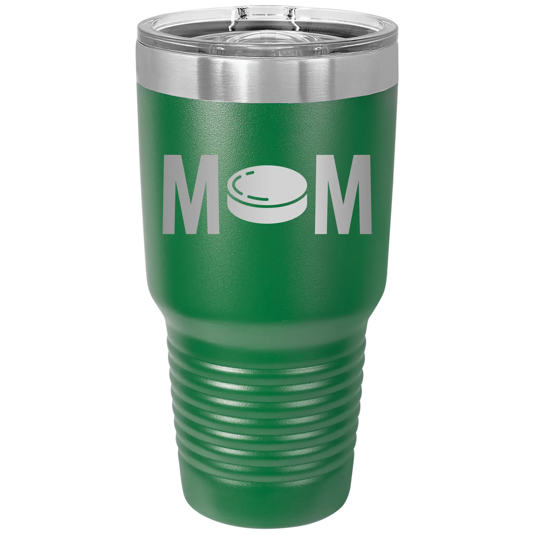 Laser etched green 30 oz vacuum insulated tumbler with 'Mom Hockey' design
