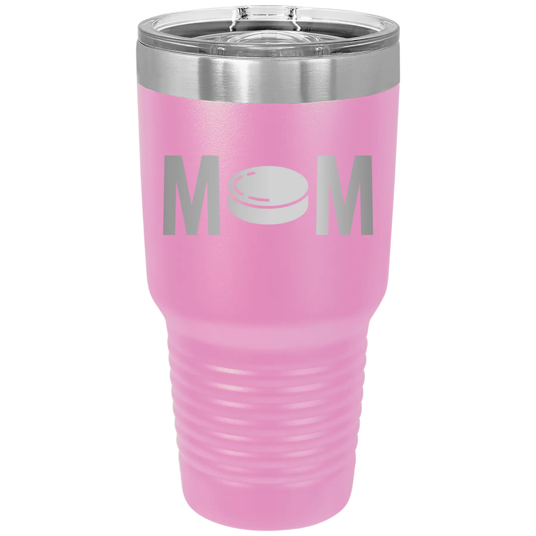 Laser etched light purple 30 oz vacuum insulated tumbler with 'Mom Hockey' design