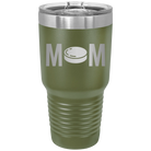 Laser etched olive green 30 oz vacuum insulated tumbler with 'Mom Hockey' design