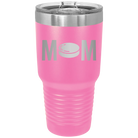 Laser etched pink 30 oz vacuum insulated tumbler with 'Mom Hockey' design